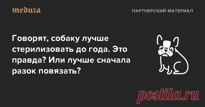Говорят, собаку лучше стерилизовать до года. Это правда? Или лучше сначала разок повязать? — Meduza В России — в отличие, например, от некоторых штатов США — не действуют законы, обязывающие стерилизовать собак, если владелец официально не является заводчиком. Между тем стерилизация помогает сократить численность бездомных животных и тех, которые живут далеко не в самых лучших условиях в приютах. А еще в целом положительно влияет на здоровье питомцев. В карточках, которые ...