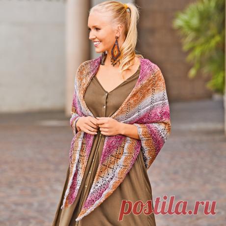 Яркий платок-косынка с ажурным узором - схема вязания спицами с описанием