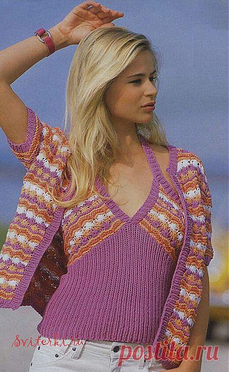 Жакет и вязаный спицами летний топ с полосатым узором