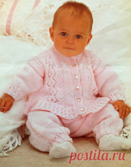 baby knitting pattern for double knit cardigan and trousers set in sizes 15-22 inches 0/6m - 2/3 years This item is a PDF file of the knitting pattern for these gorgeous baby items.    The pattern will be available for download upon receipt of payment, for you to print out or read from your computer.    Absolutely beautiful set, a stunning pattern with a huge size range too. Knit on 3.25 and 4mm needles.    All patterns are sent with a UK/USA needle conversion chart.
