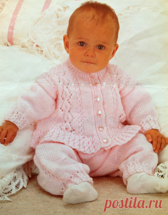 baby knitting pattern for double knit cardigan and trousers set in sizes 15-22 inches 0/6m - 2/3 years This item is a PDF file of the knitting pattern for these gorgeous baby items.    The pattern will be available for download upon receipt of payment, for you to print out or read from your computer.    Absolutely beautiful set, a stunning pattern with a huge size range too. Knit on 3.25 and 4mm needles.    All patterns are sent with a UK/USA needle conversion chart.