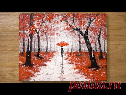 Прогулка под дождем / Техника рисования красной акриловой краской # 448