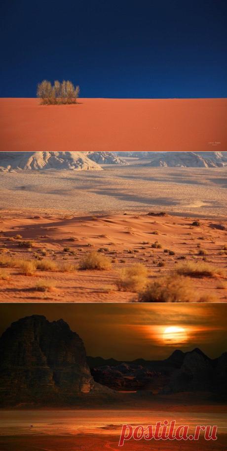 Марсианские пейзажи пустыни Вади-Рам.
Wadi Rum (Вади-Рам) или "Долина Луны" - каменистая пустыня и национальный парк в Иордании. Страна красно-розовых песков и причудливых скал, образующих неповторимые "марсианские" пейзажи.