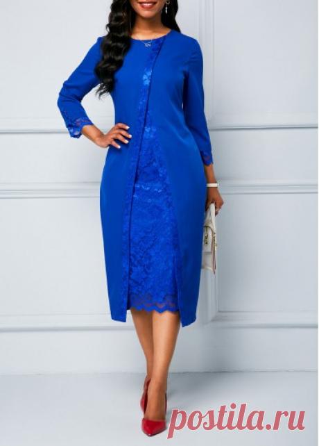 Royal Blue Lace Panel Long Sleeve Sheath Dress | Rotita.com - USD $34.63