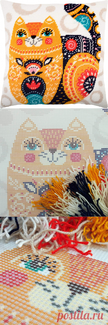 Cat of Art Nouveau. Needlepoint Kit. Throw Pillow 16×16 Inches. Printed Tapestry Canvas, European Quality