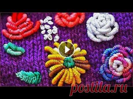 Вышивка на вязаных изделиях. Вышивка по трикотажу. Вышивка цветов. Embroidery on knitting. Использованы нитки для вышивания &quot;Мулине&quot; фирмы Gamma 100% хлопок. Использована игла для вышивки по трикотажу (с тупым концом и удлиненным у...