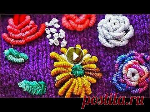 Вышивка на вязаных изделиях. Вышивка по трикотажу. Вышивка цветов. Embroidery on knitting. Использованы нитки для вышивания "Мулине" фирмы Gamma 100% хлопок. Использована игла для вышивки по трикотажу (с тупым концом и удлиненным у...