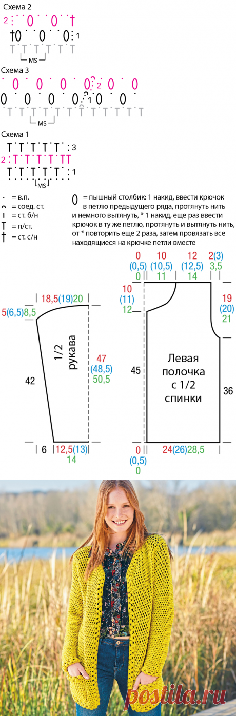 Желтый кардиган с ажурным узором

Размеры

36/38 (40/42) 44/46

Вам потребуется

Пряжа (100% мериносовой шерсти; 102 м/50 г) — 600 (650) 700 г цв. карри; крючок №5.
