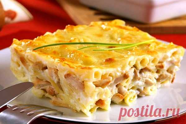 Аппетитная макаронная запеканка с куриным филе под сырной корочкой к ужину