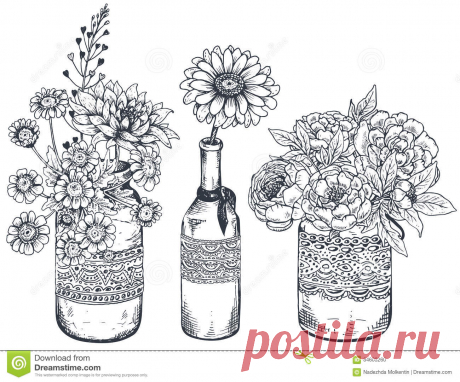 Bouquets With Hand Drawn Flowers And Plants In Vases Jars. Stock Vector 7ED