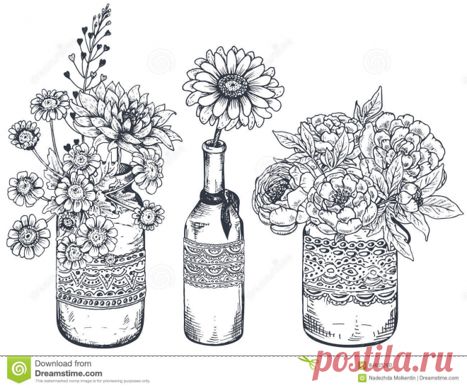 Bouquets With Hand Drawn Flowers And Plants In Vases Jars. Stock Vector 7ED