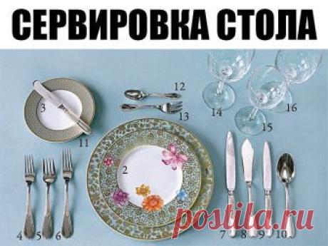 Сервировка стола 


1. Тарелка для горячего. 
2. Закусочная тарелка. 
3. Тарелка для хлеба. 
4. Закусочная вилка. 
5. Вилка для рыбы. 
6. Столовая вилка. 
7. Столовый нож. 
8. Нож для рыбы. 
9. Закусочный нож. 
10. Столовая ложка. 
11. Нож для масла. 
12. Десертная ложка. 
13. Десертная вилка. 
14. Бокал для воды. 
15. Бокал для белого вина. 
16. Бокал для красного вина.
#сервировка
