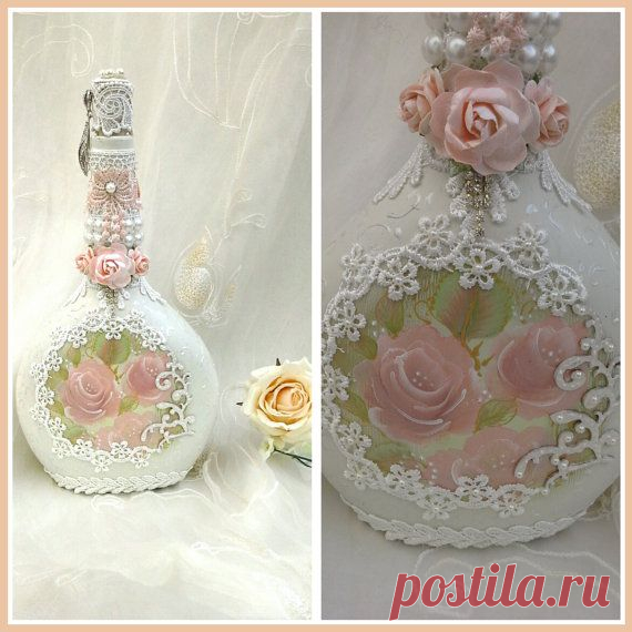 shabby chic bottle altered bottle decorative bottle by Aligri