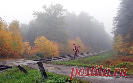 Картинки осень, железная дорога, деревья, дорога, лужи, туман, пейзаж на рабочий стол » Осень