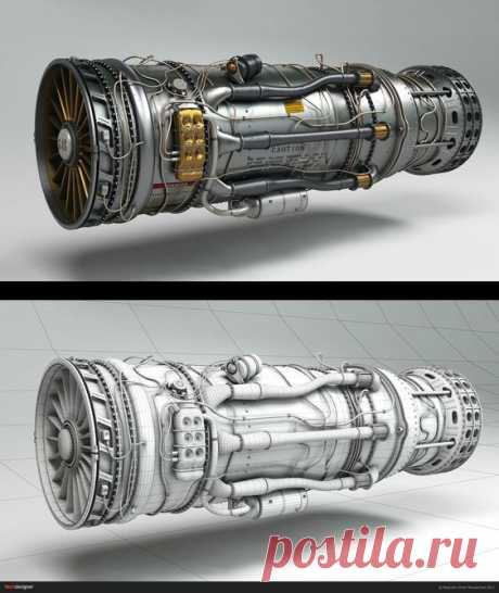 Реактивный двигатель. Турбина. 3D модель.
