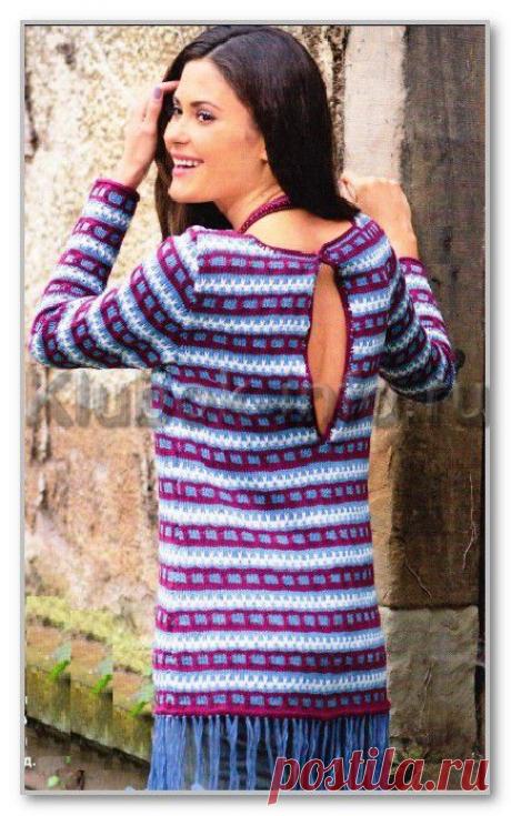 Женское вязание спицами. Туника в стиле Деним, с жаккардовым узором и бахромой. Размеры: 36/38 (40/42) 44/46
