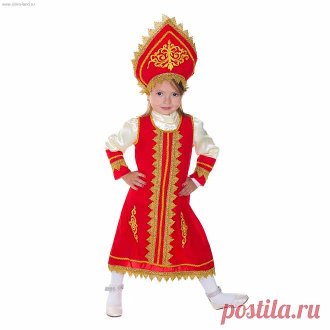 Карнавальный костюм Русская красавица, 2 предмета: кокошник, платье, размер S 110-120 см, 4-6 лет, купить оптом.