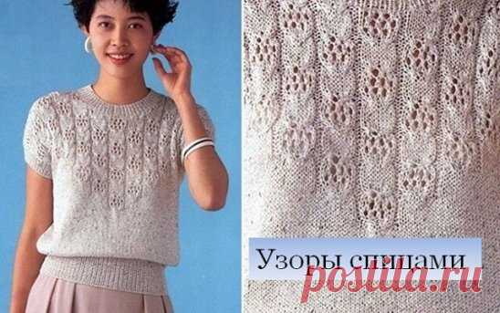 Узор (150) | Узор для летней кофточки
#фантазийные_узоры
Узор довольно простой, но смотрится на модели очень неплохо. Вертикальные ряды рисунка состоят из чередующихся отрезков лицевой глади с ажурным узором.