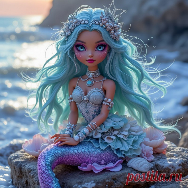 Морская нимфа из Monster High: волшебство и красота океанских глубин. Изображение из нейронной сети Flux.1 - Flux.1 примеры промтов - Форум ИИ о нейросетях - Yes Ai