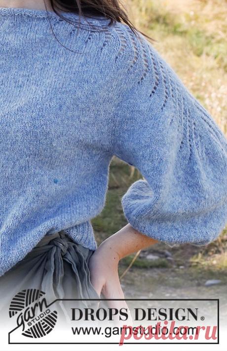 Knitted jumper in DROPS Sky. The piece is worked top down, with lace pattern and ¾-length balloon sleeves. Sizes S - XXXL.