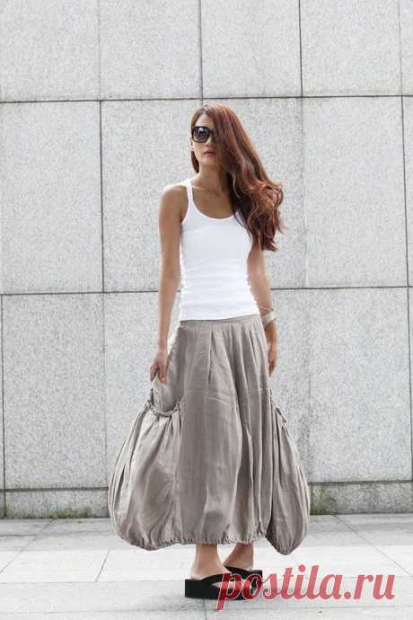 Lagenlook Grey Side Pockets Casual Pleat Long Maxi Skirt - NC409