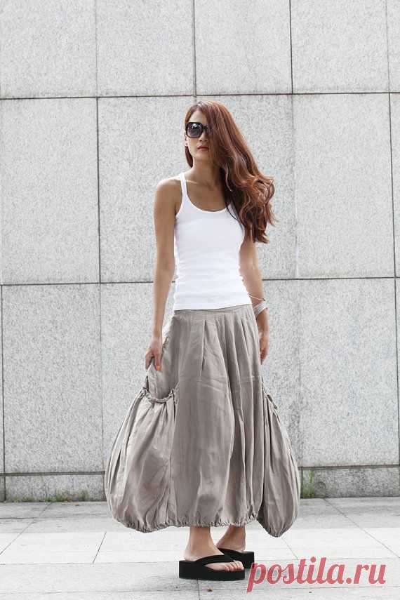 Lagenlook Grey Side Pockets Casual Pleat Long Maxi Skirt - NC409