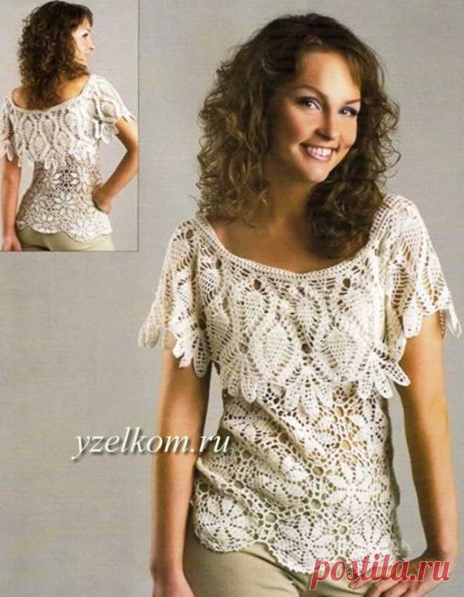 Кофточка белая ажурная крючком Ажурный пуловер для лета Летний пуловер крючком Кофта узором Ананас Пуловер из мотивов Блуза на круглой кокетке Блуза с рукавами реглан Ажурная блуза из меланжевой пряжи Кофточка ананасами Топ с ажурной пелериной