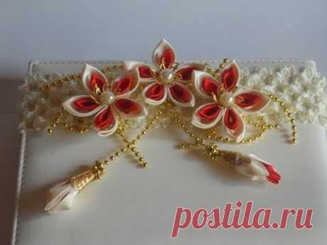 Повязка &quot; Золотой мираж &quot; Цветы из шелка . Канзаши ч 2 kanzashi