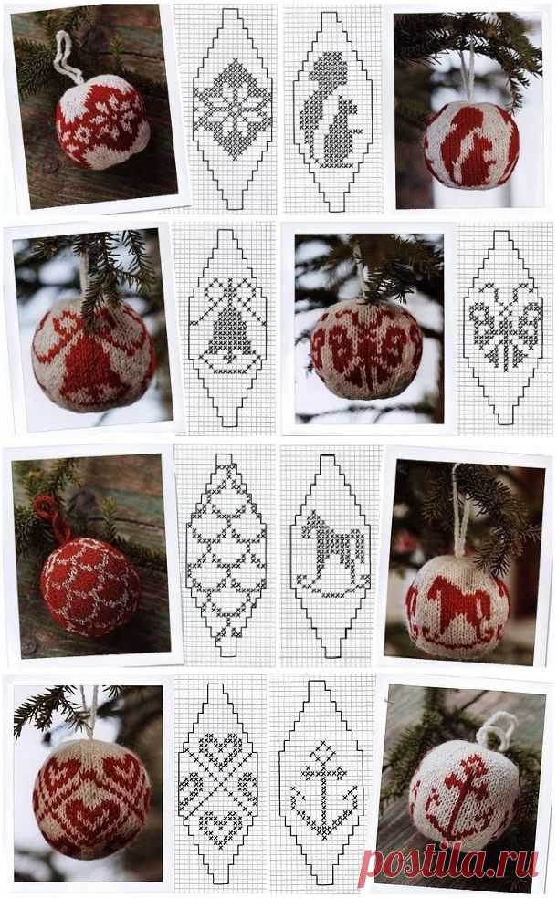 Подборка для новогоднего вдохновения + схемы: вязаные елочные игрушки.