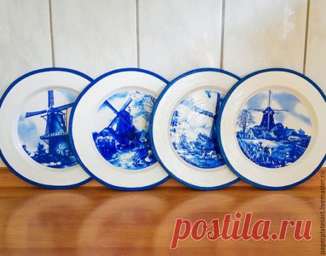 Купить Голландские мельницы, набор из 4-х тарелочек -  тарелки ручной работы, тарелки декоративные, панно настенные, панно на стену, панно декоративные, декор для интерьера, декор для дома, декор стен, тарелка на стену, тарелки настенные, из газетных трубочек