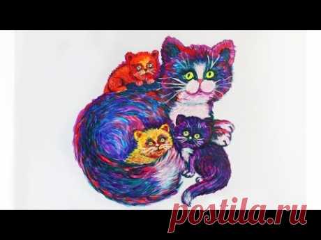 Уроки рисования. Как нарисовать КОШКУ с котятами неоновой гуашью