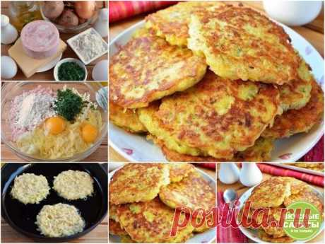 Драники "Особенные" 

Вкусные золотистые драники по особому рецепту. Готовлю только такие драники, так как они намного вкуснее обычных. 

1 кг картофеля,

1 луковица,

2 куриных яйца,

200 г ветчины,

150 г натертого сыра,

пучок укропа,

5 ст ложек просеянной муки,

соль и перец по вкусу,

масло для жарки.

Приготовление: 

1. Картофель, сыр и ветчину натереть. Если картофель сильно сочный, то слегка отжать. Добавить просеянную муку, взбитые с солью яйца и натертый лук (м...