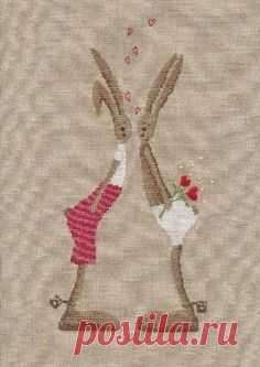 ​Влюбленные зайцы Влюбленные зайцыВлюбленных зайцев можно вышить и на белой канве.Но на цветной она будут гораздо красивее.