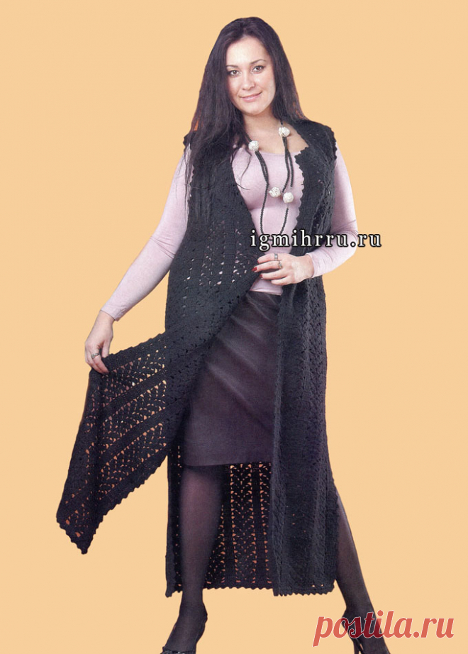 МОДНЫЙ ШАЗЮБЛЬ ЧЕРНОГО ЦВЕТА С БОКОВЫМИ РАЗРЕЗАМИ, ДЛЯ ПЫШНОЙ ДАМЫ. Вязание крючком
