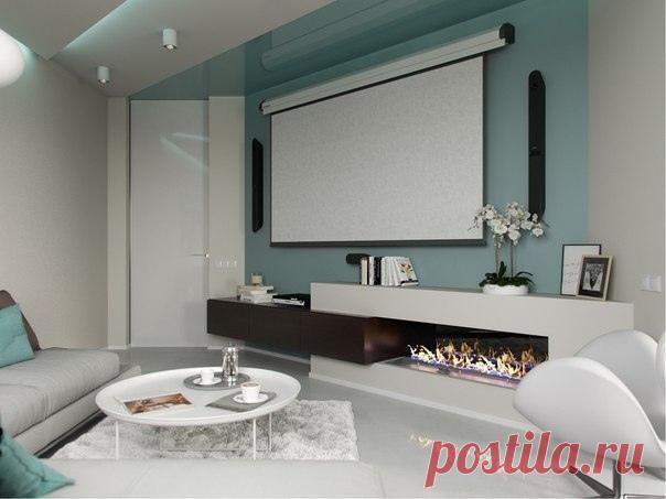 Современный дизайн квартиры-студии в бирюзовом цвете