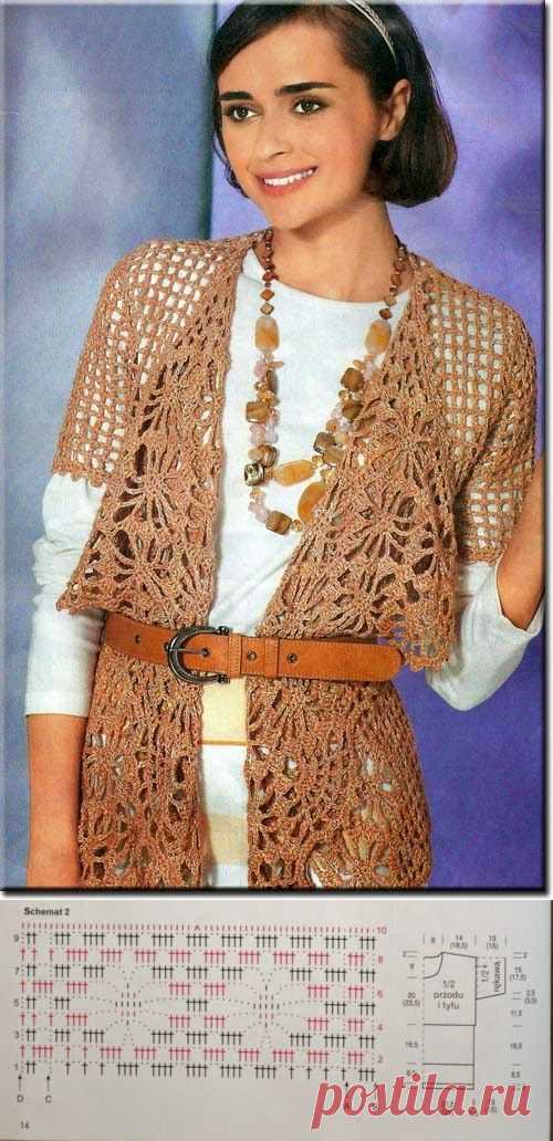 Irish crochet &: Филейный жакет с полочками "паучками"