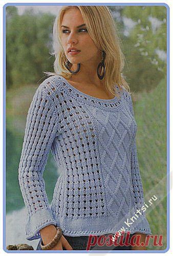 Пуловер с ромбами и ажурным узором..