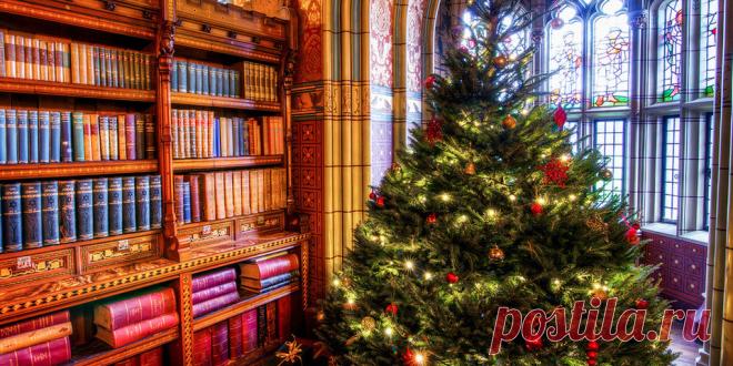 Обои праздник, новый год, рождество, елка, подарки, комната, шкаф, книги, арка, окно, фреска 960x480, №64005