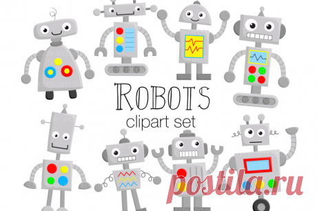 Robot Clipart Illustration Set By Doodle Art | TheHungryJPEG.com