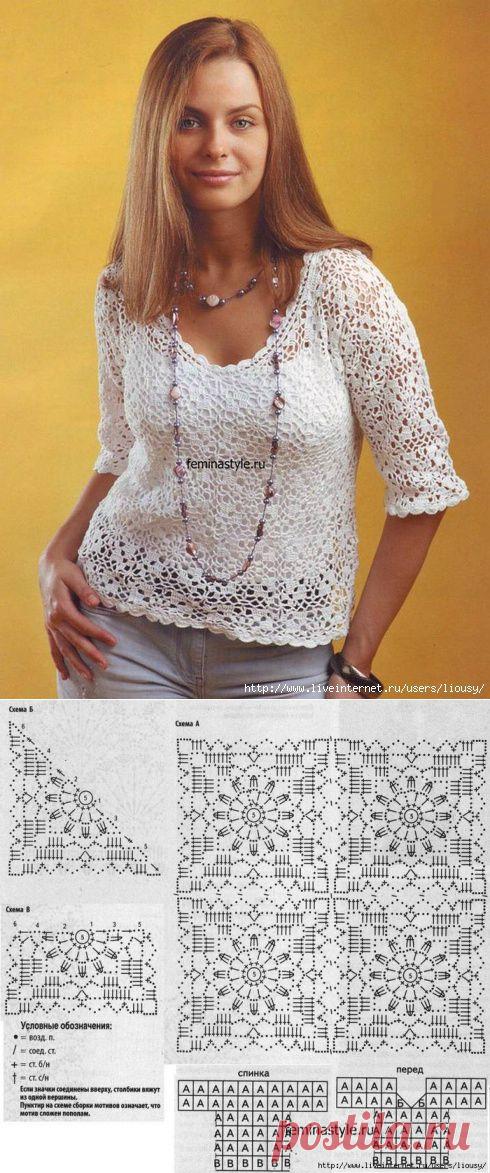 Летняя ажурная кофточка, связанная крючком.