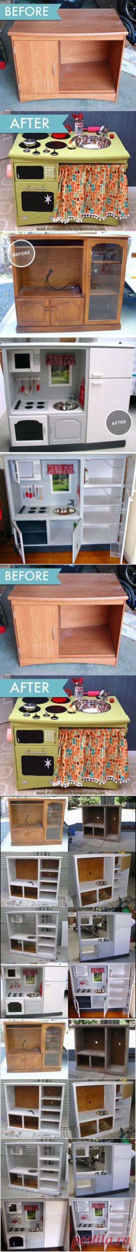 (99) Gender Neutral DIY play kitchen made from an up-cycled entertainment system. I love that we could make it look just like Mom and Dad's and that it'…