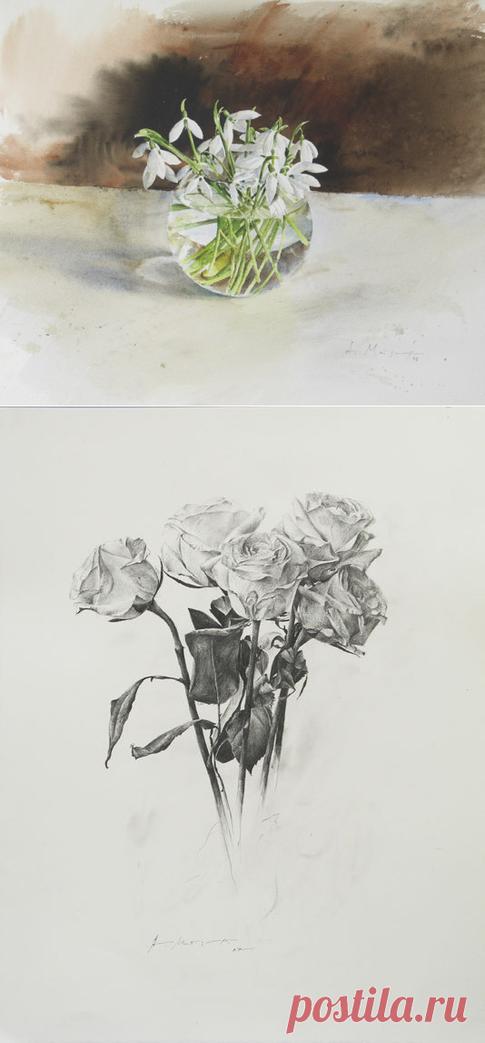 Натюрморты и портреты Атанаса Мацурева. Акварель.