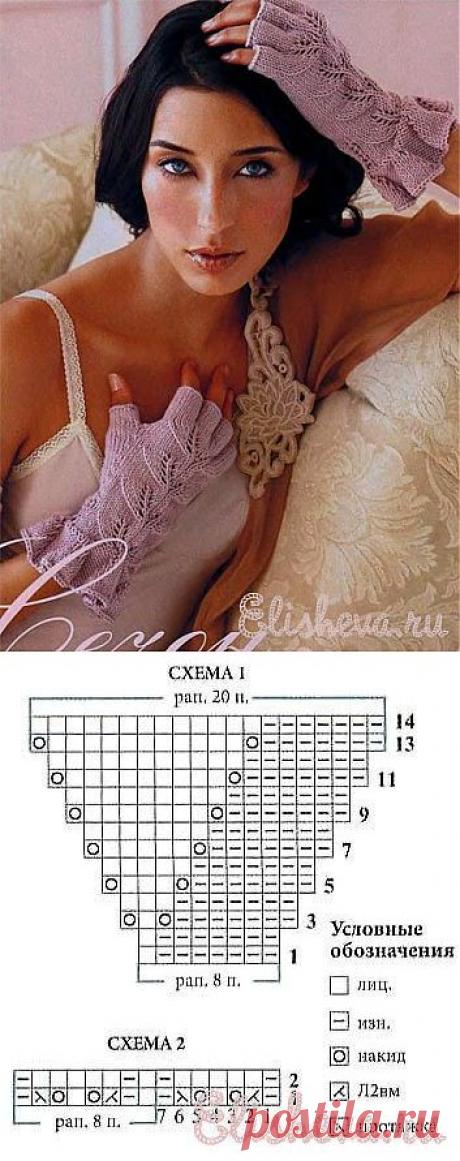 Ажурные митенки лилового цвета вязаные спицами