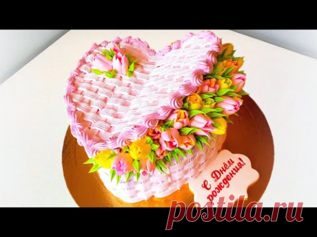 Торт "Корзинка с тюльпанами"(крем БЗК). /Cake "Basket with Tulips"(protein custard).