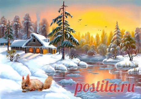 хутор у речки в снегу