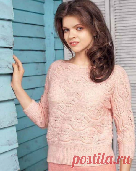Розовый ажурный пуловер связанный поперек | Ажурные Узоры