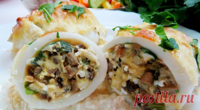 Кальмары, фаршированные грибами и яйцом