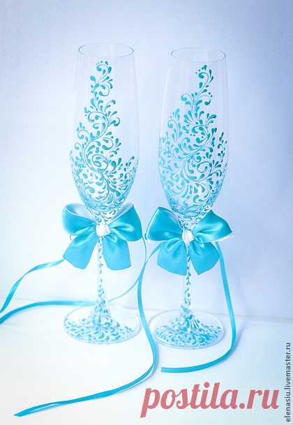 Купить Бокалы "Бирюзовое кружево" - бирюзовый, бирюзовая свадьба, бирюзовые бокалы, бирюзовое оформление