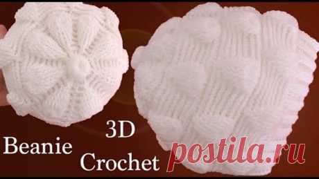 Gorro a Crochet en punto de hojas blancas en 3D tejido tallermanualperu