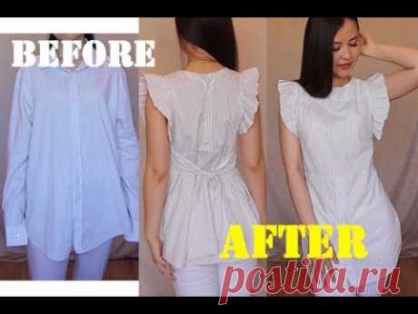 Men's shirt into Pretty shirt with ruffles 100%upcycle refashion idea - YouTube